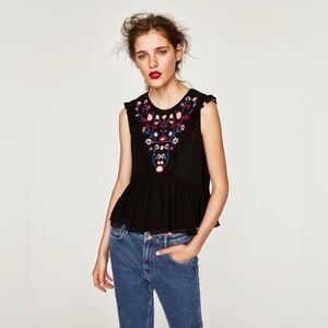 Zara Black Swiss Dot Embroidered Crop Peplum Sleeveless Top Blouse Small S